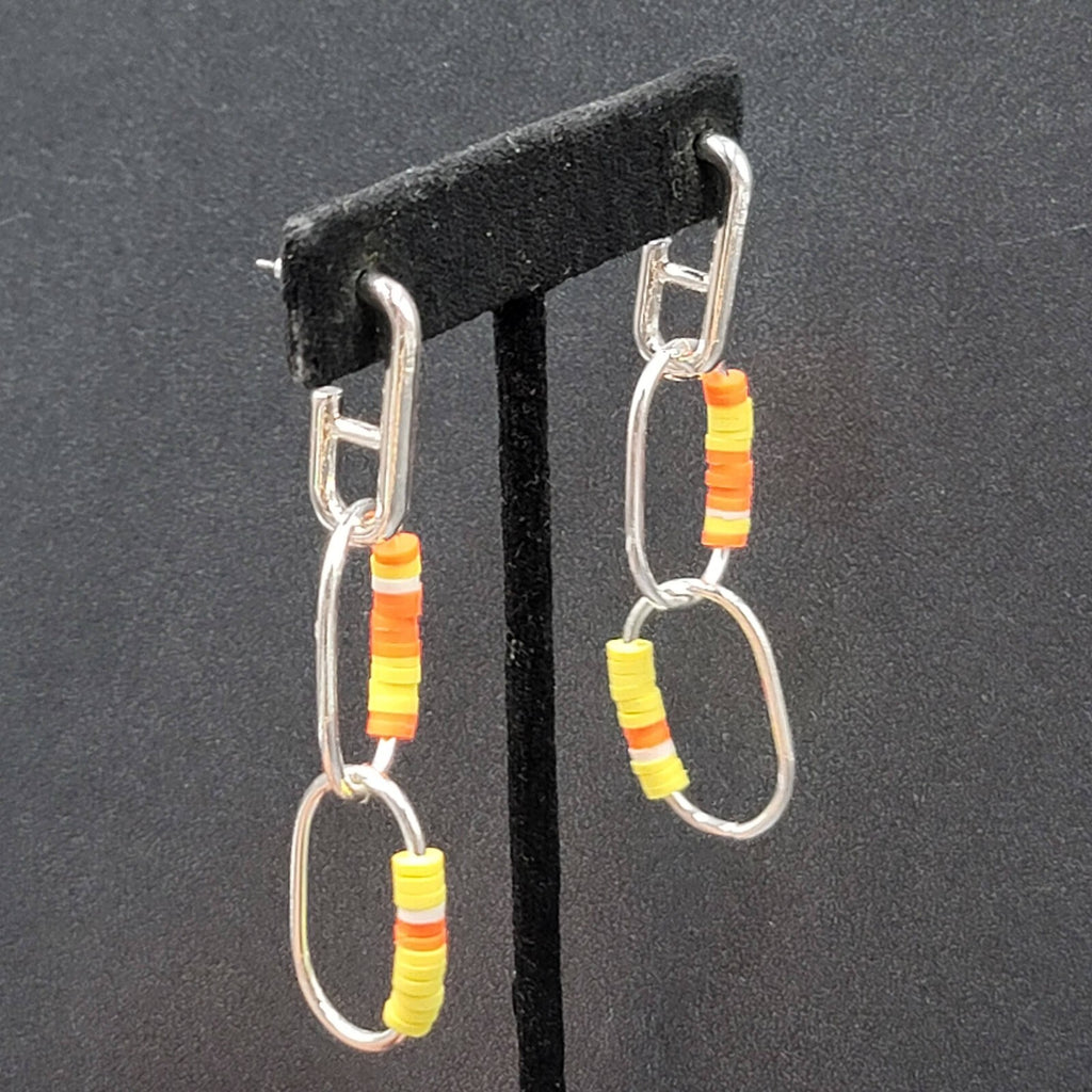 Pierced Earrings Silver tone Dangle Rings Yellow Orange Beads 2.75"