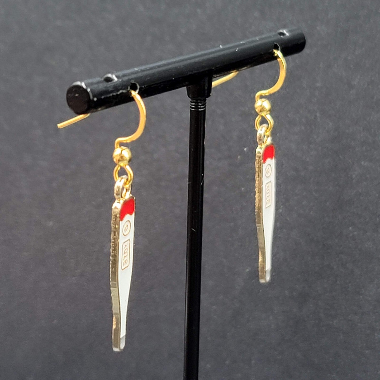Nurse Thermometer Pierced Earrings Red White Enamel Gold tone Dangle 1 1/8"