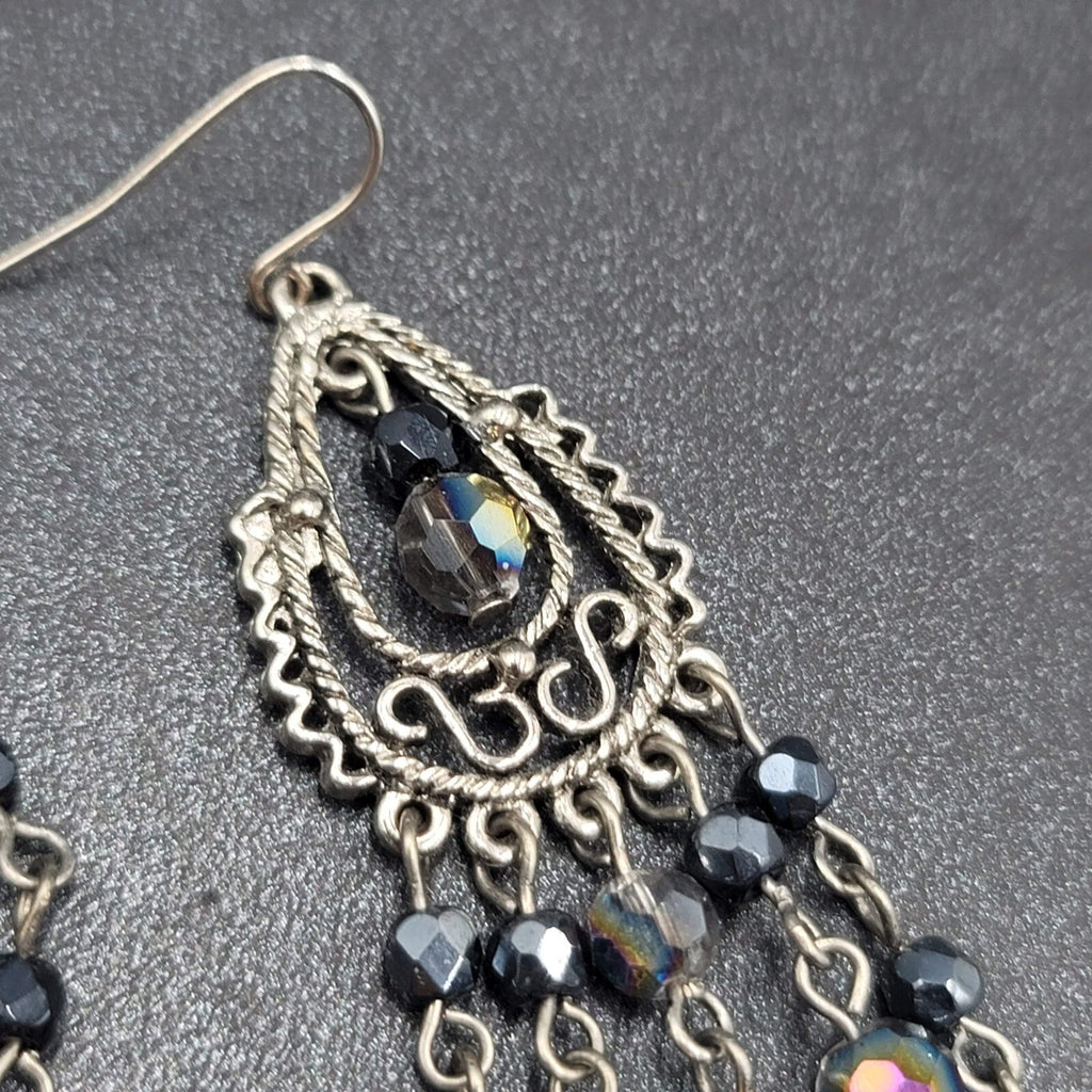 Pierced Earrings Silver tone Black AB Glass Beads Chandelier 3"