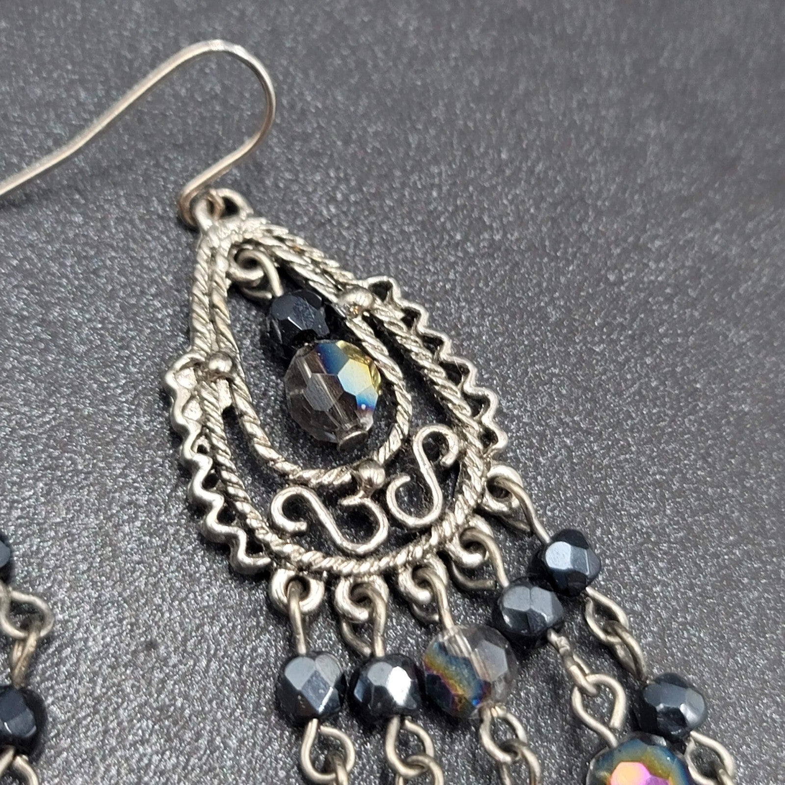 Pierced Earrings Silver tone Black AB Glass Beads Chandelier 3"