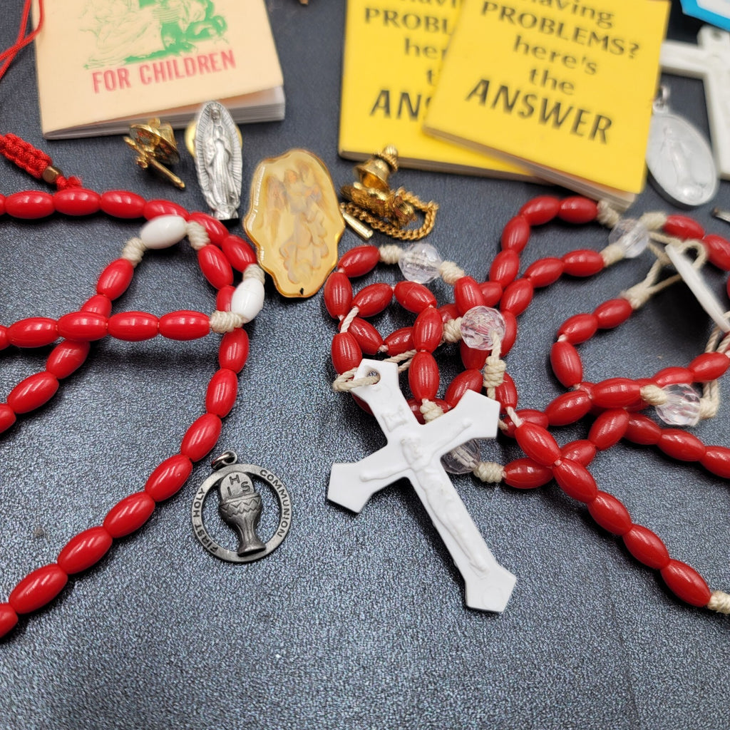 Vintage Religious Booklets Large Lot Rosaries Medals Bracelets etc