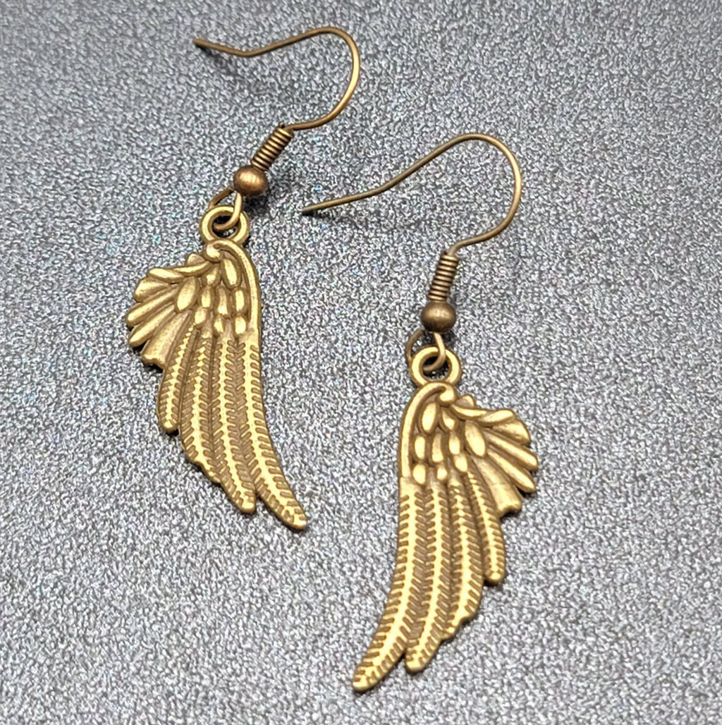Feather Wings Pierced Earrings Bronze tone Metal Embossed Dangle 1 1/8"