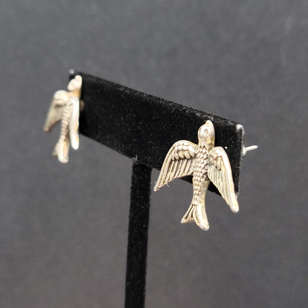 Bird Pierced Earrings Silver tone Drop 3/4"