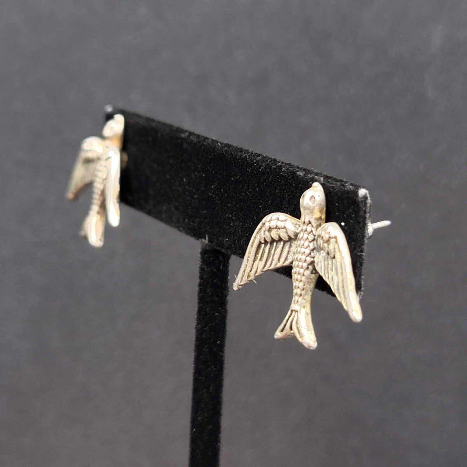 Bird Pierced Earrings Silver tone Drop 3/4"