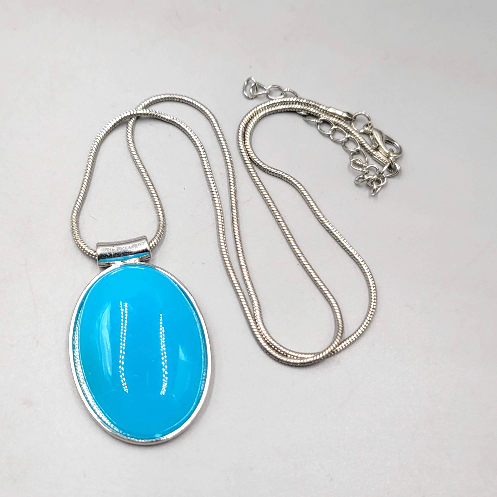 Bright Blue Glass Cabochon Pendant Necklace Silver tone Snake Chain 20 in