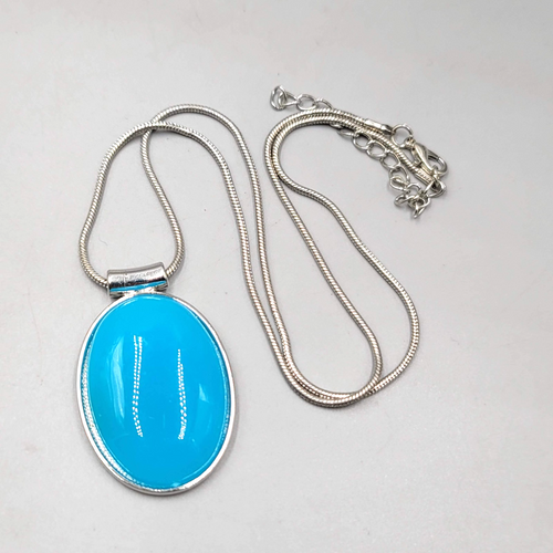 Bright Blue Glass Cabochon Pendant Necklace Silver tone Snake Chain 20 in