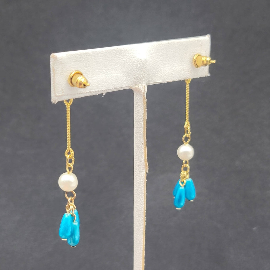 Pierced Earrings Gold Plated Bright Blue Beads Faux Pearl Dangle 2.25"