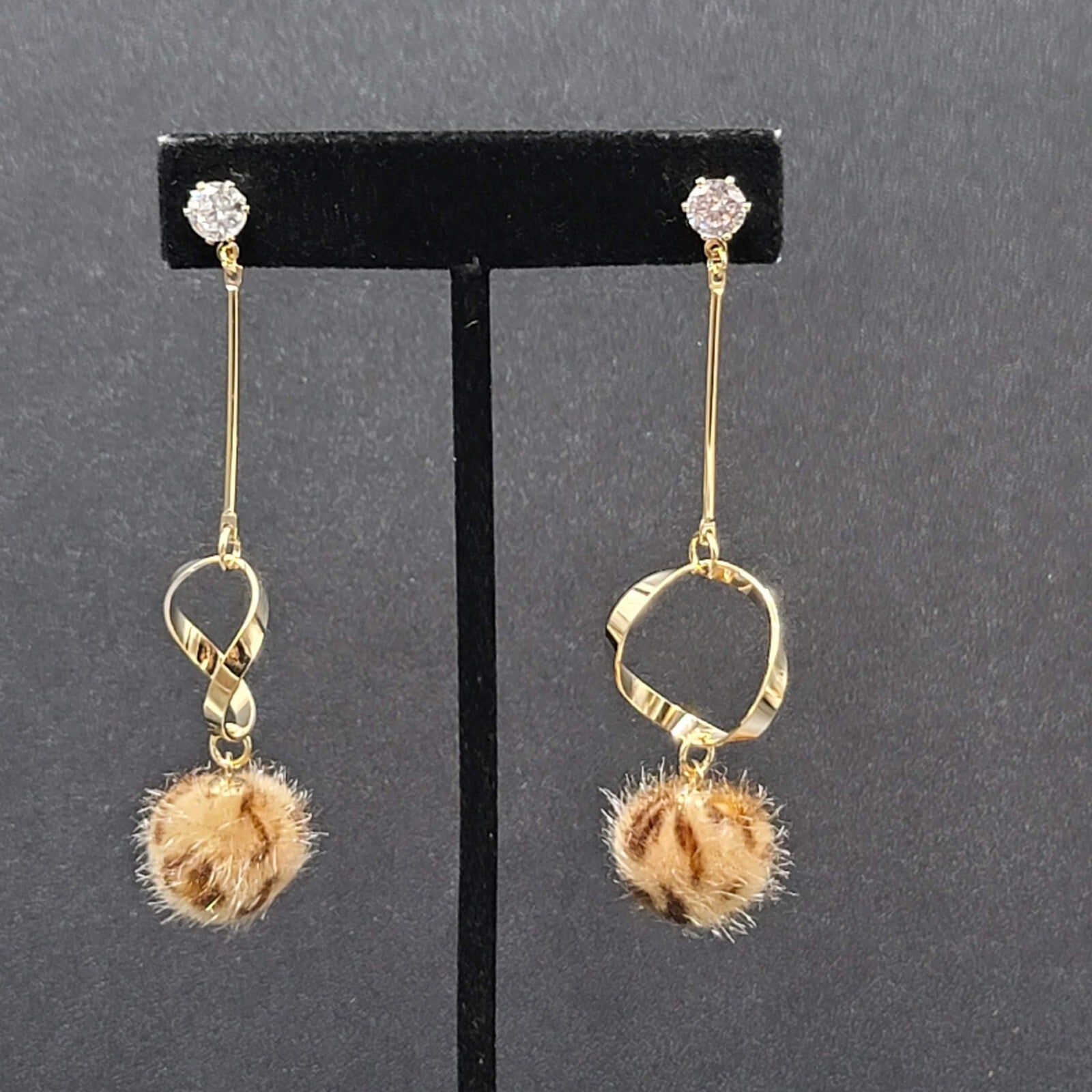 Pierced Earrings Gold tone Crystal Leopard Fuzz Ball Dangle 2.5"