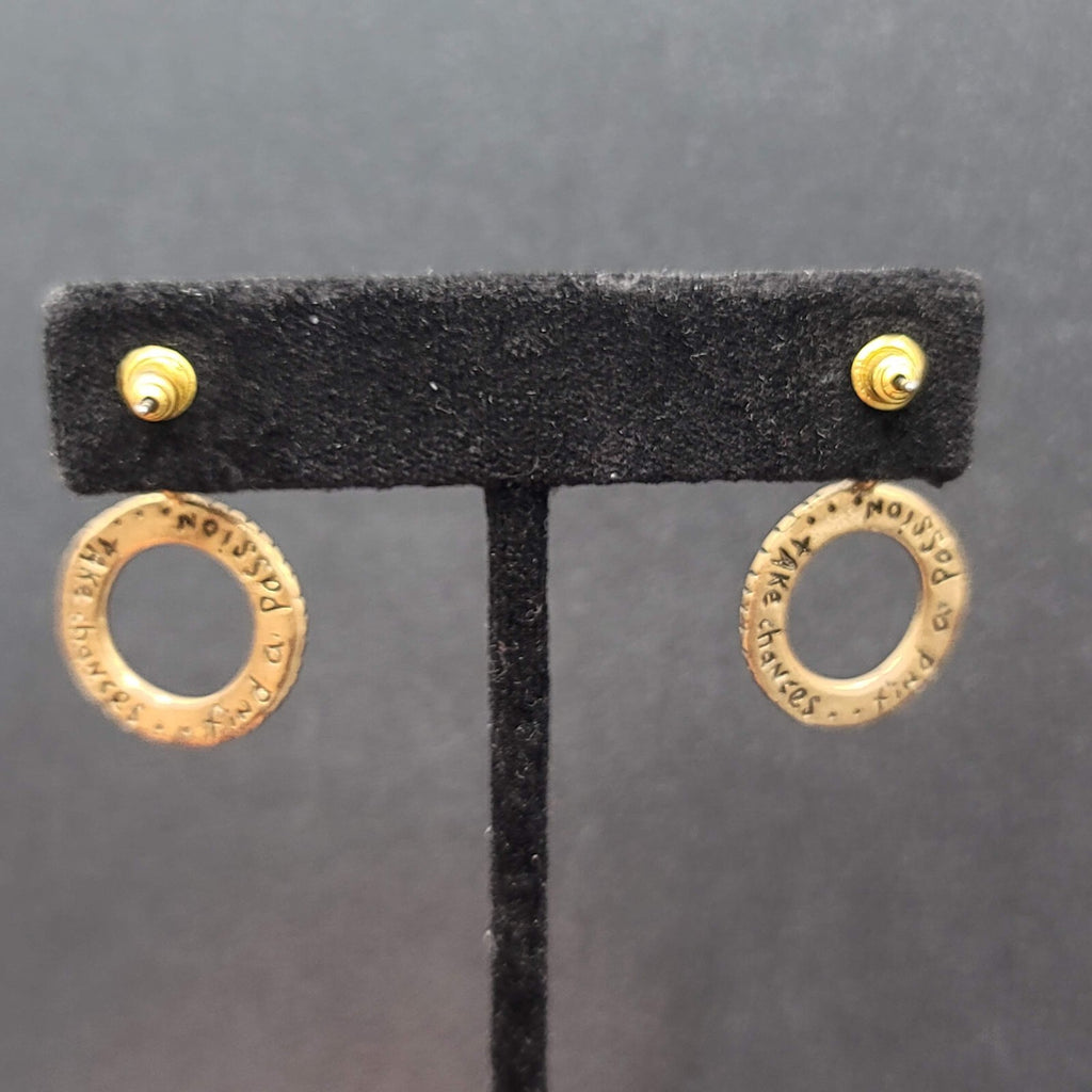 Pierced Earrings TAKE CHANCES FIND A PASSION Gold tone Dangle Hidden  1 1/8"