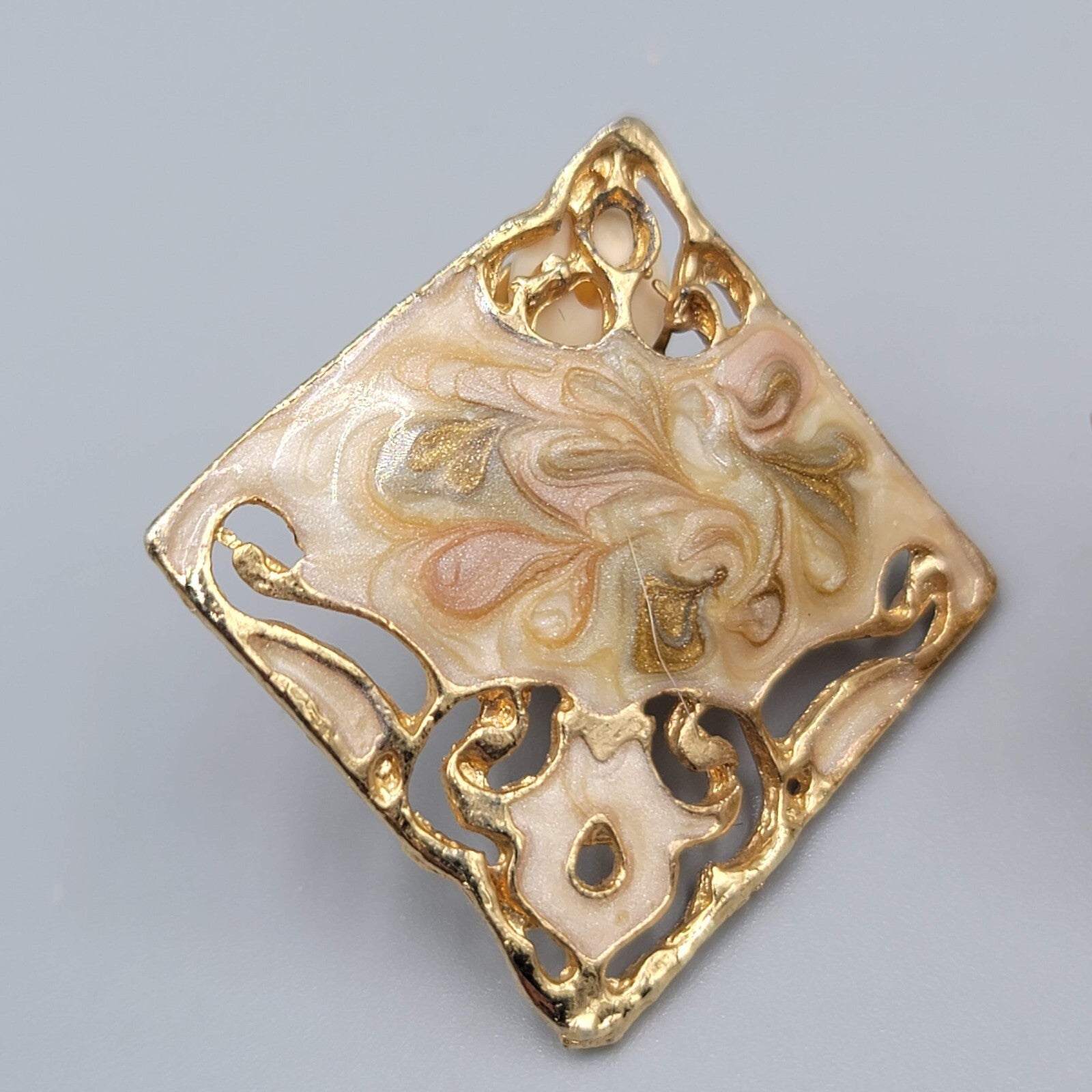 Vintage Swirl Cream Enamel Clip on Earrings Square Drop 1 3/8"