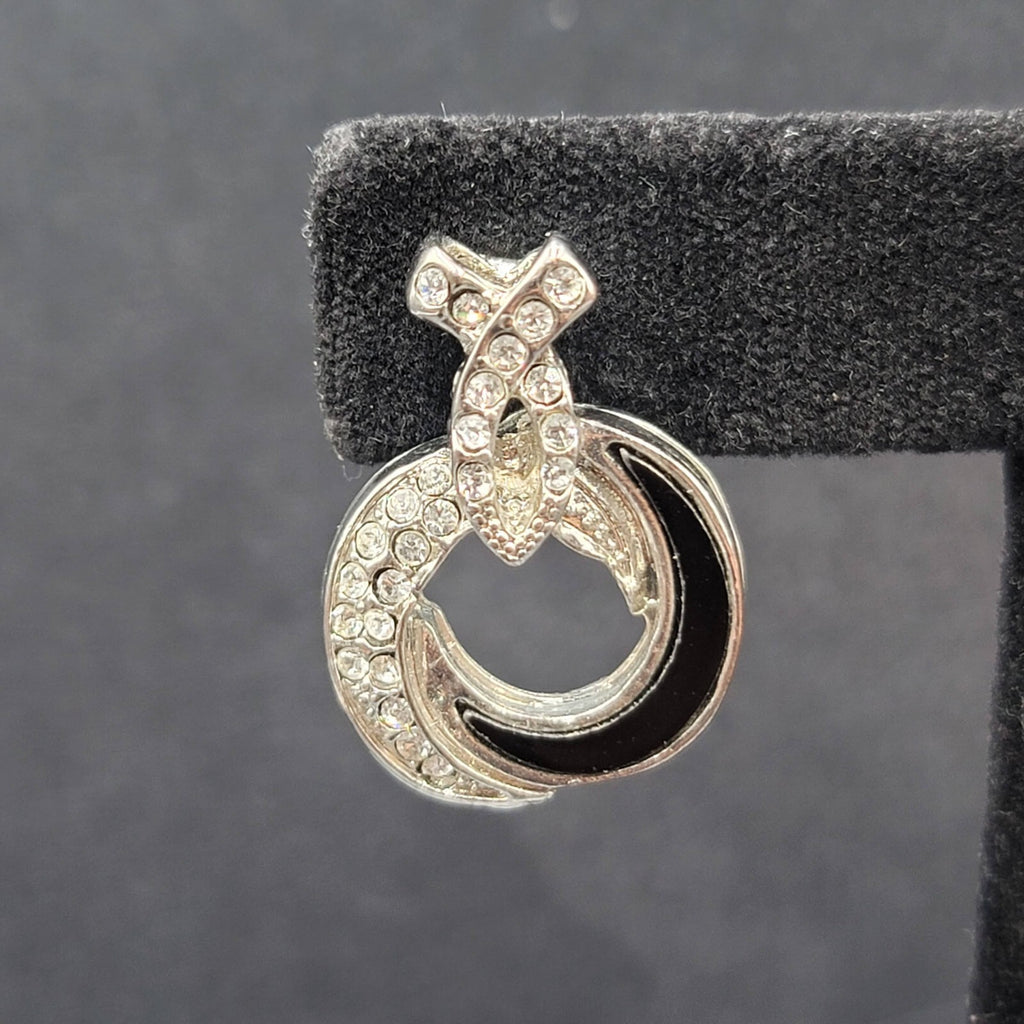 Pierced Earrings Silver tone Black Enamel Rhinestone Drop 1"