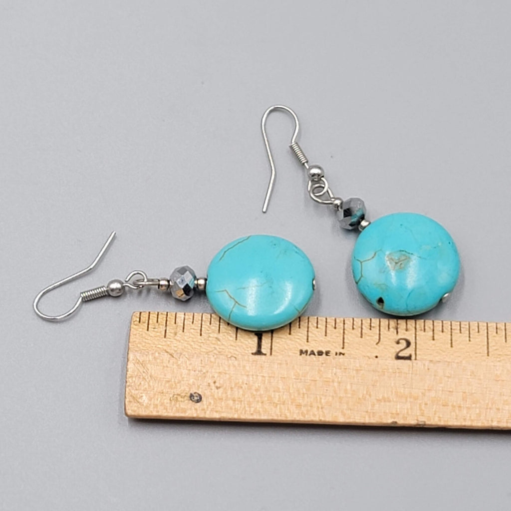 Blue Stone Bead Pierced Earrings Black Accent Silver tone Hook Dangle 1.25"