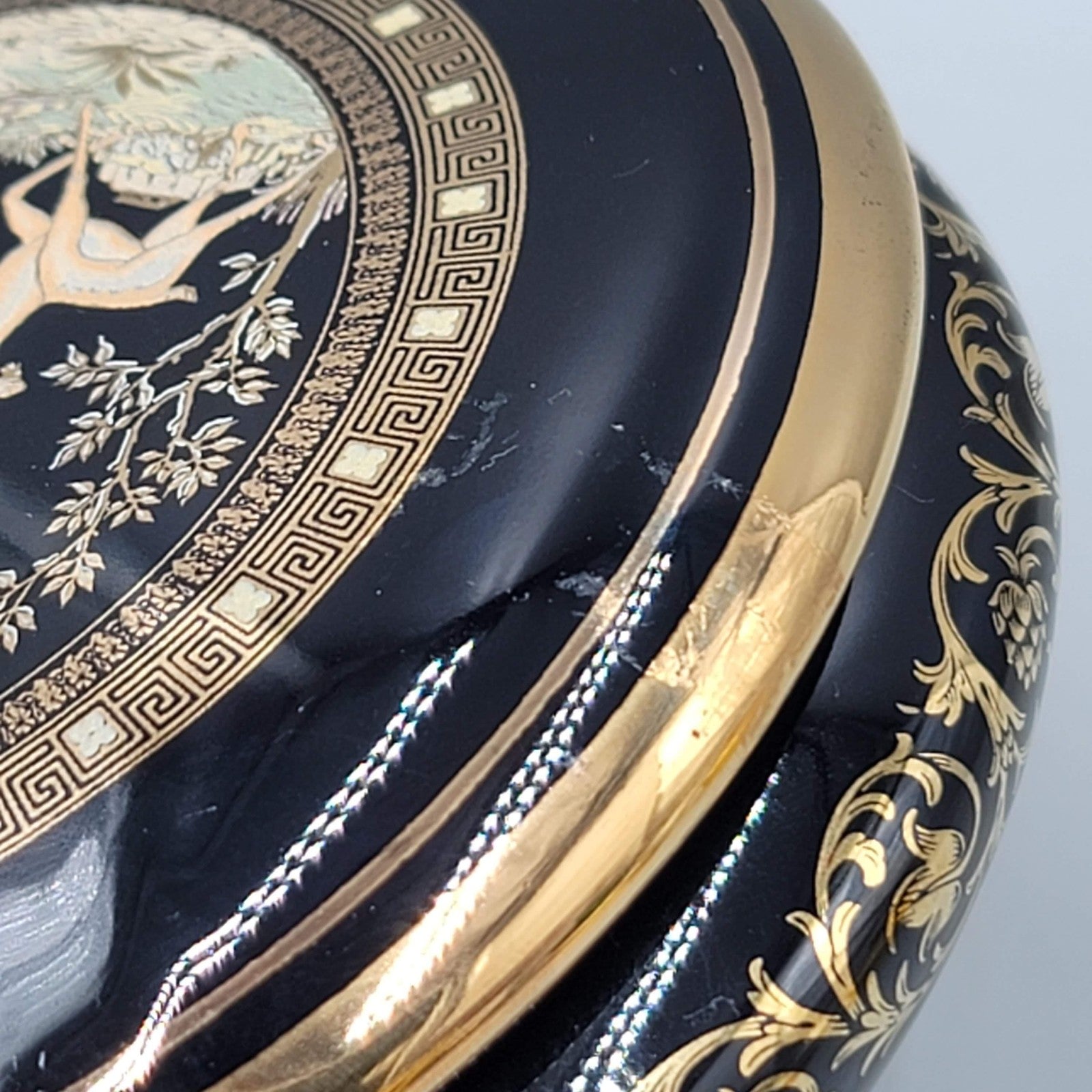 Fintias Greek Ceramic Lidded Trinket Jewelry Box Artemis Black 24K Gold Handmade