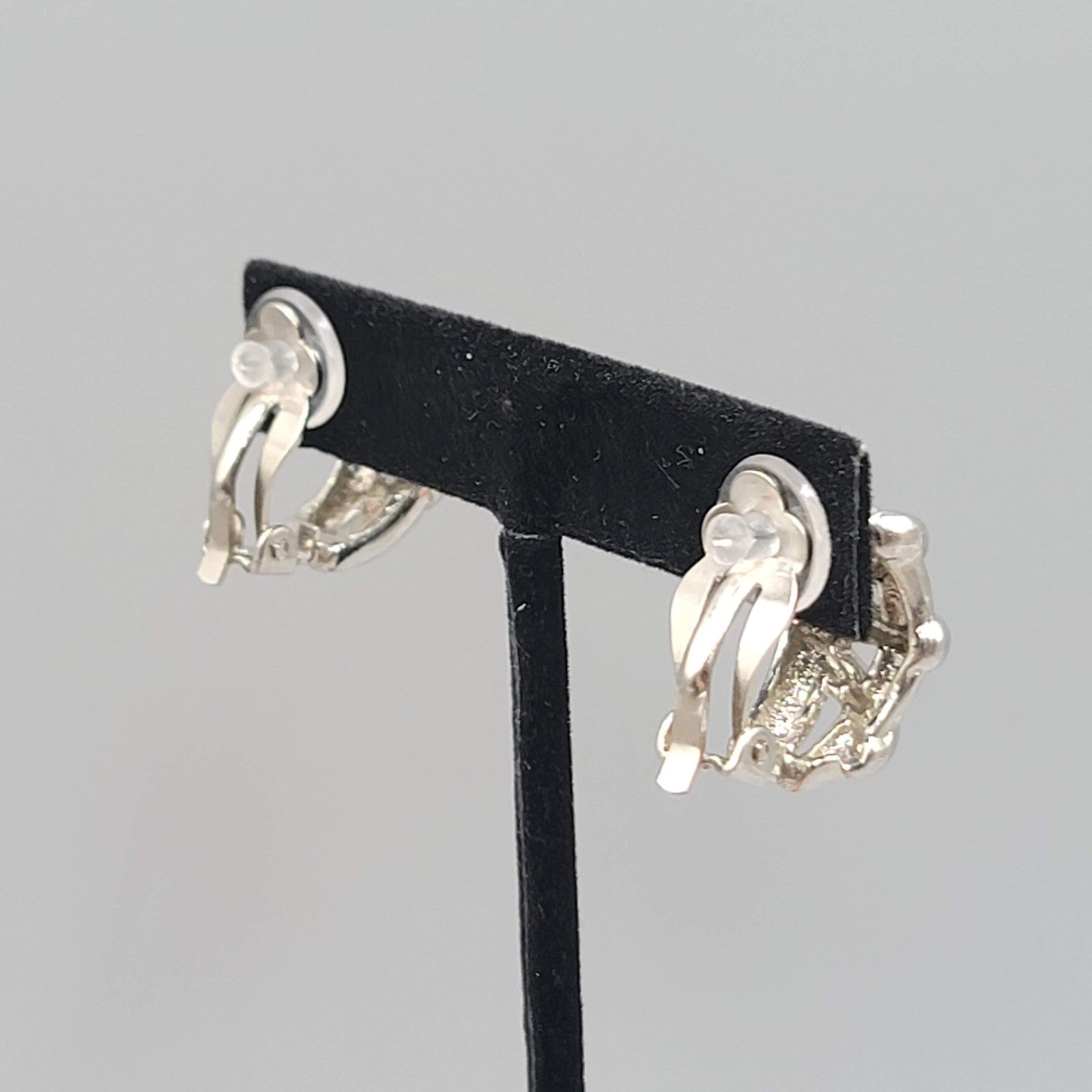 Vintage Half Hoop Clip On Earrings Silver tone Embossed Drop 3/4"