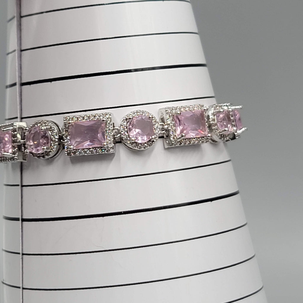 Pink Crystal Tennis Bracelet Silver Plated 1" Extender 6.5" or 7.5"