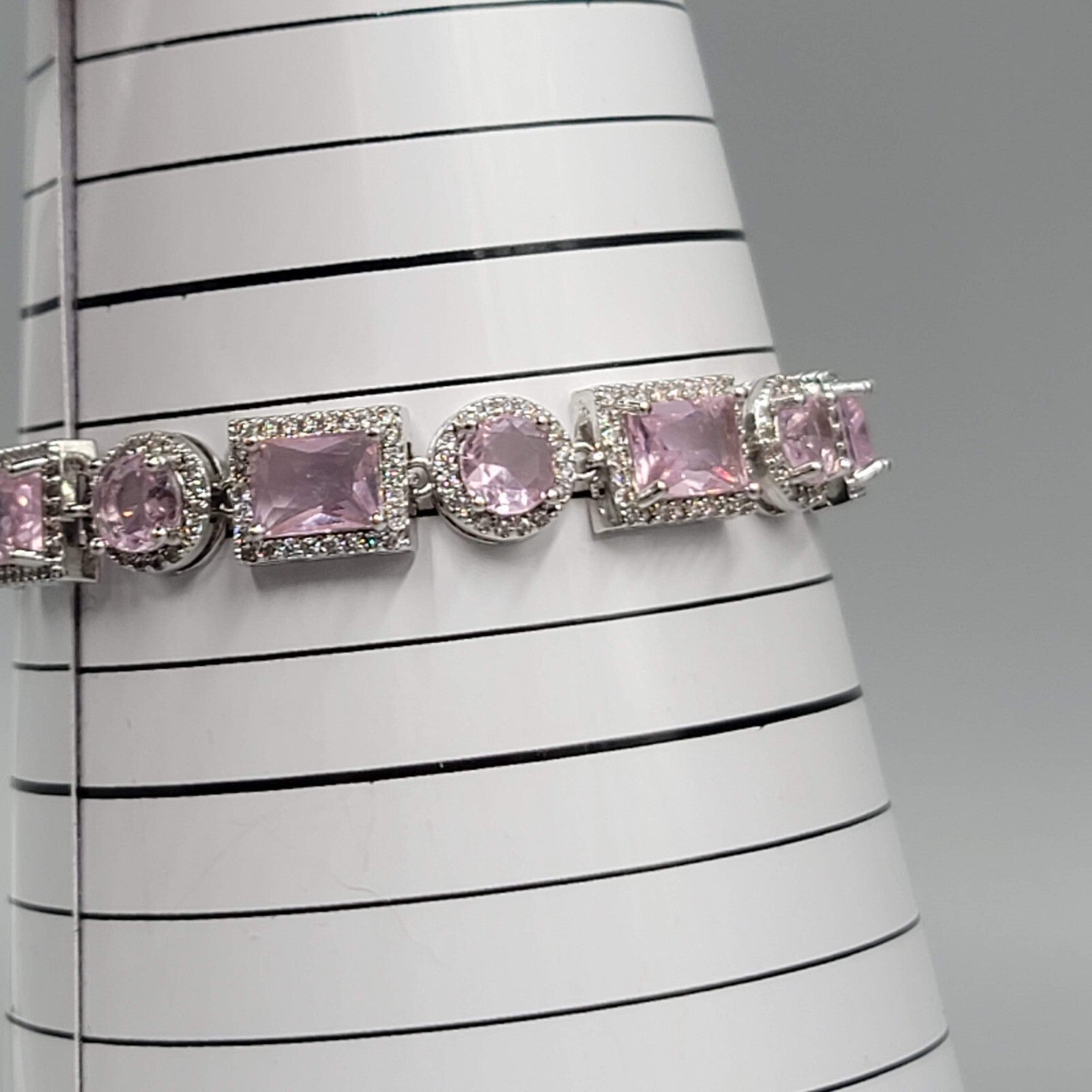 Pink Crystal Tennis Bracelet Silver Plated 1" Extender 6.5" or 7.5"