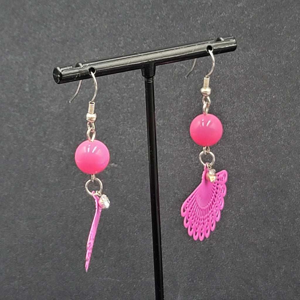 Pierced Earrings Hot Pink Enamel over Metal Fan Bead Dangle 1.75"