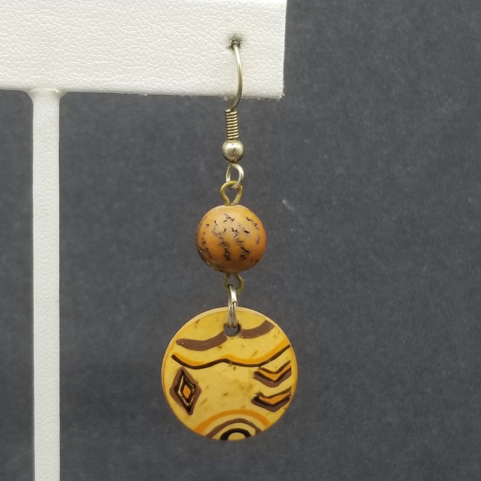 Pierced Earrings Silver tone Wooden Ethnic Statement Dangle 1 3/8"