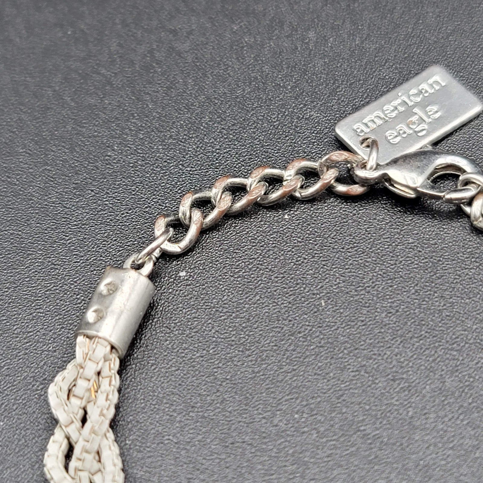 American Eagle Bracelet Braided White Enamel Chain Silver tone 