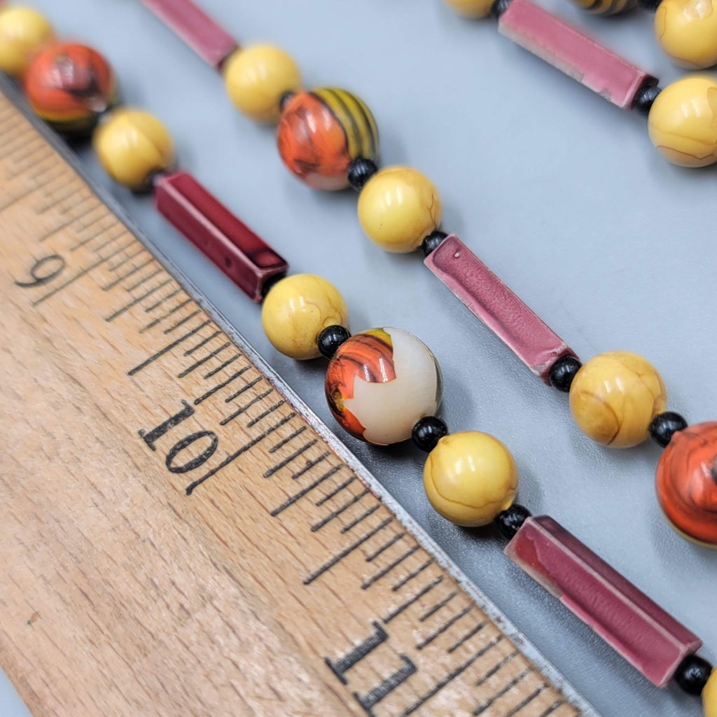 Vintage Extra Long Red Yellow Bead Necklace 52 in