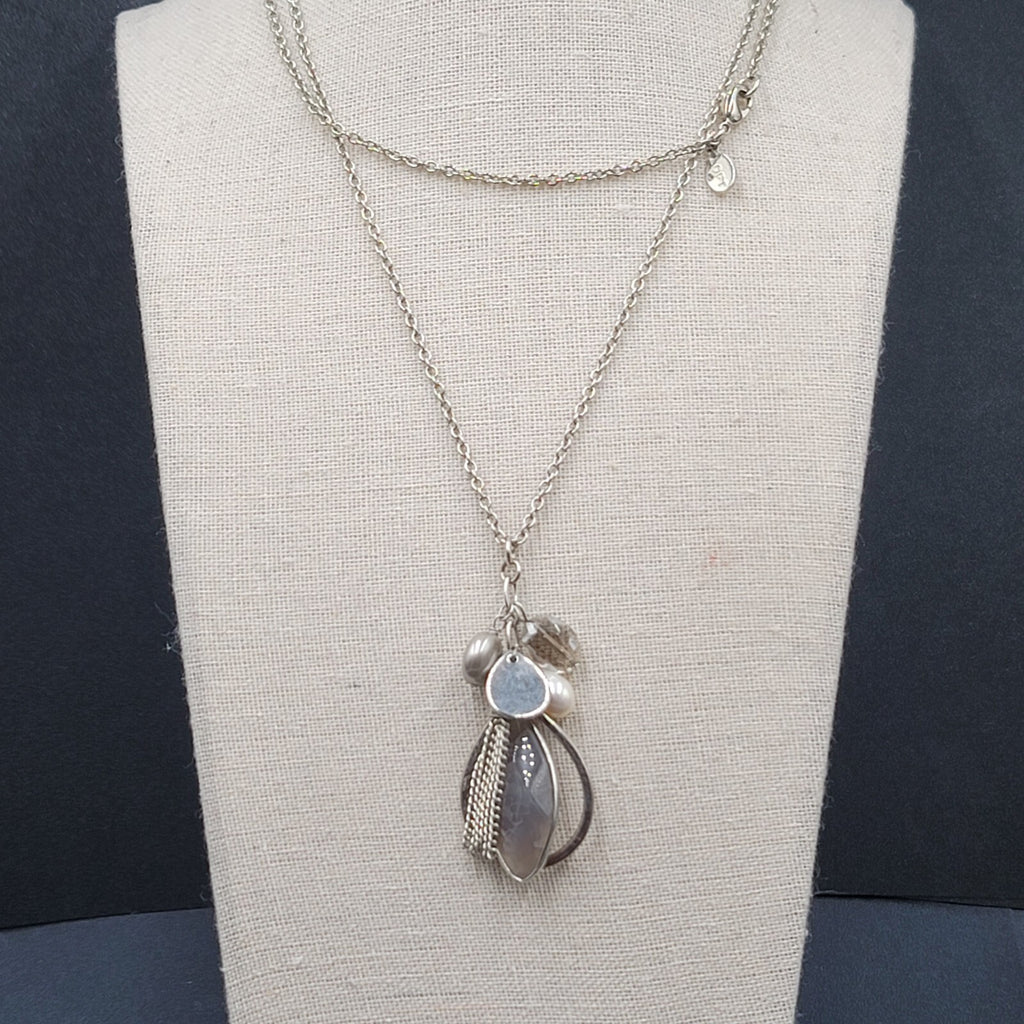 LOFT Pendant Necklace Silver tone Gray Stone Pearl LONG 32"