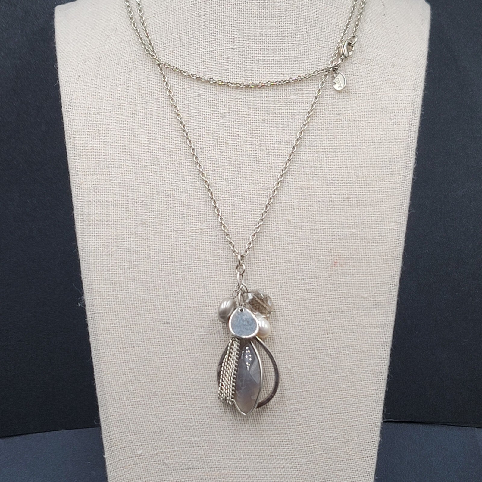 LOFT Pendant Necklace Silver tone Gray Stone Pearl LONG 32"