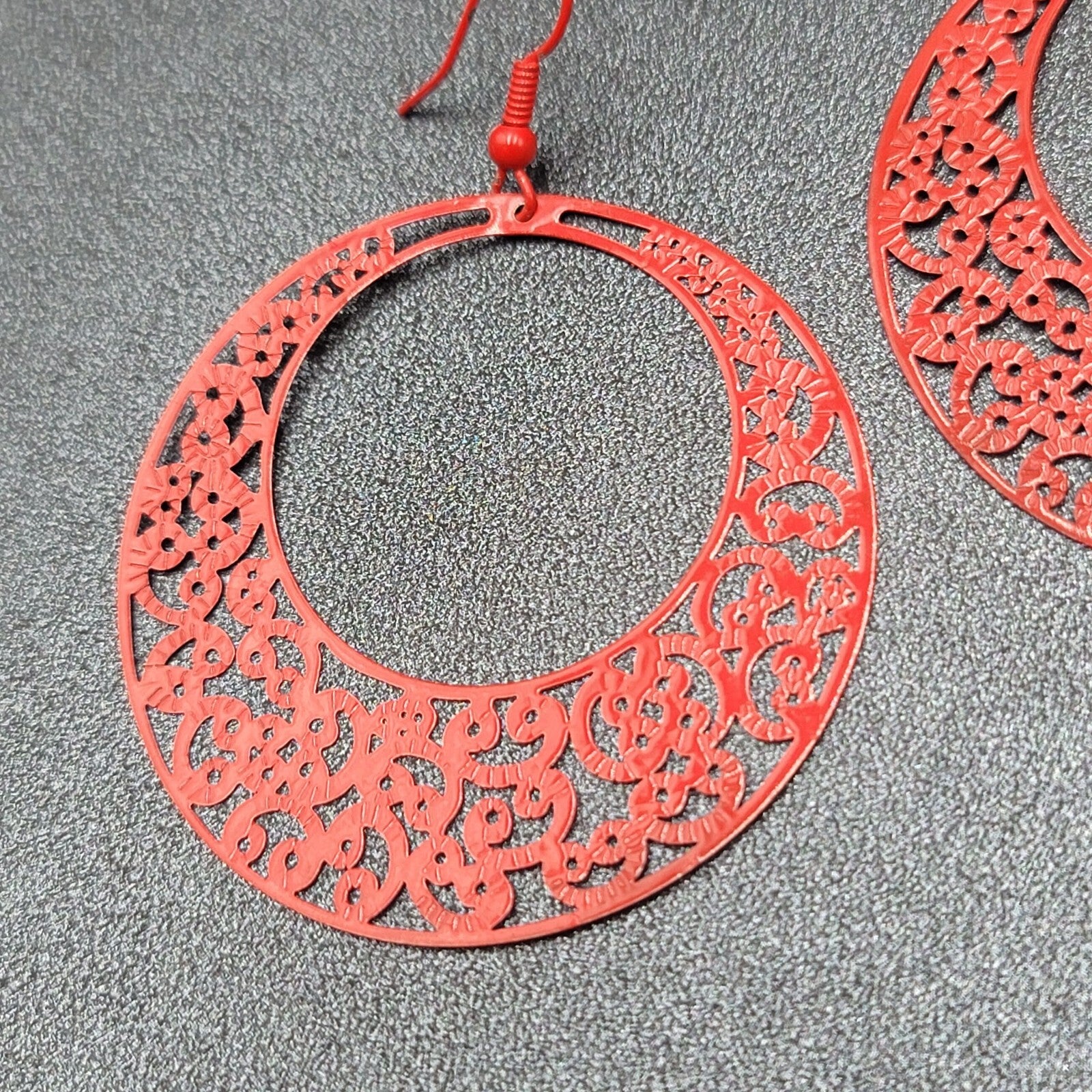Pierced Earrings Red Enamel Filagree Statement Hoops 2"