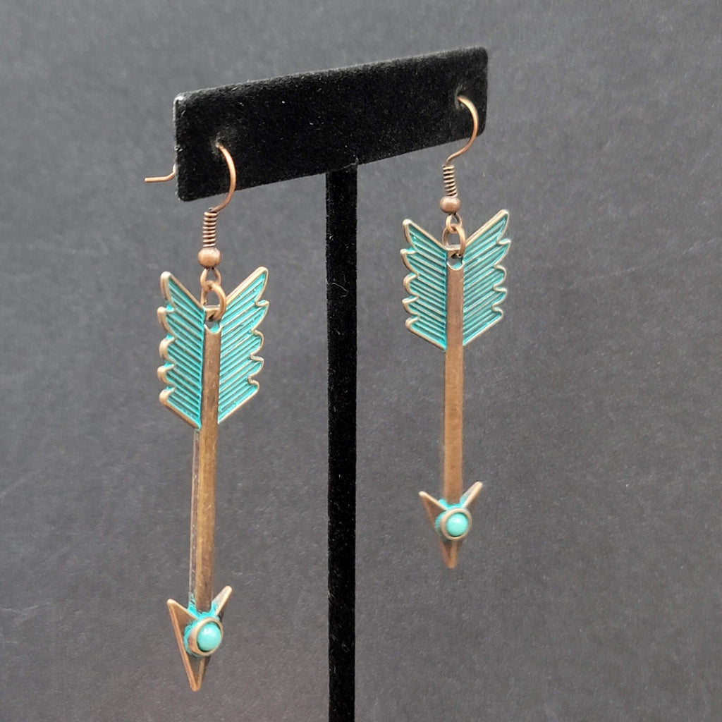 New Boho Pierced Earrings Copper tone Green Enamel Arrow Dangle 2.25"