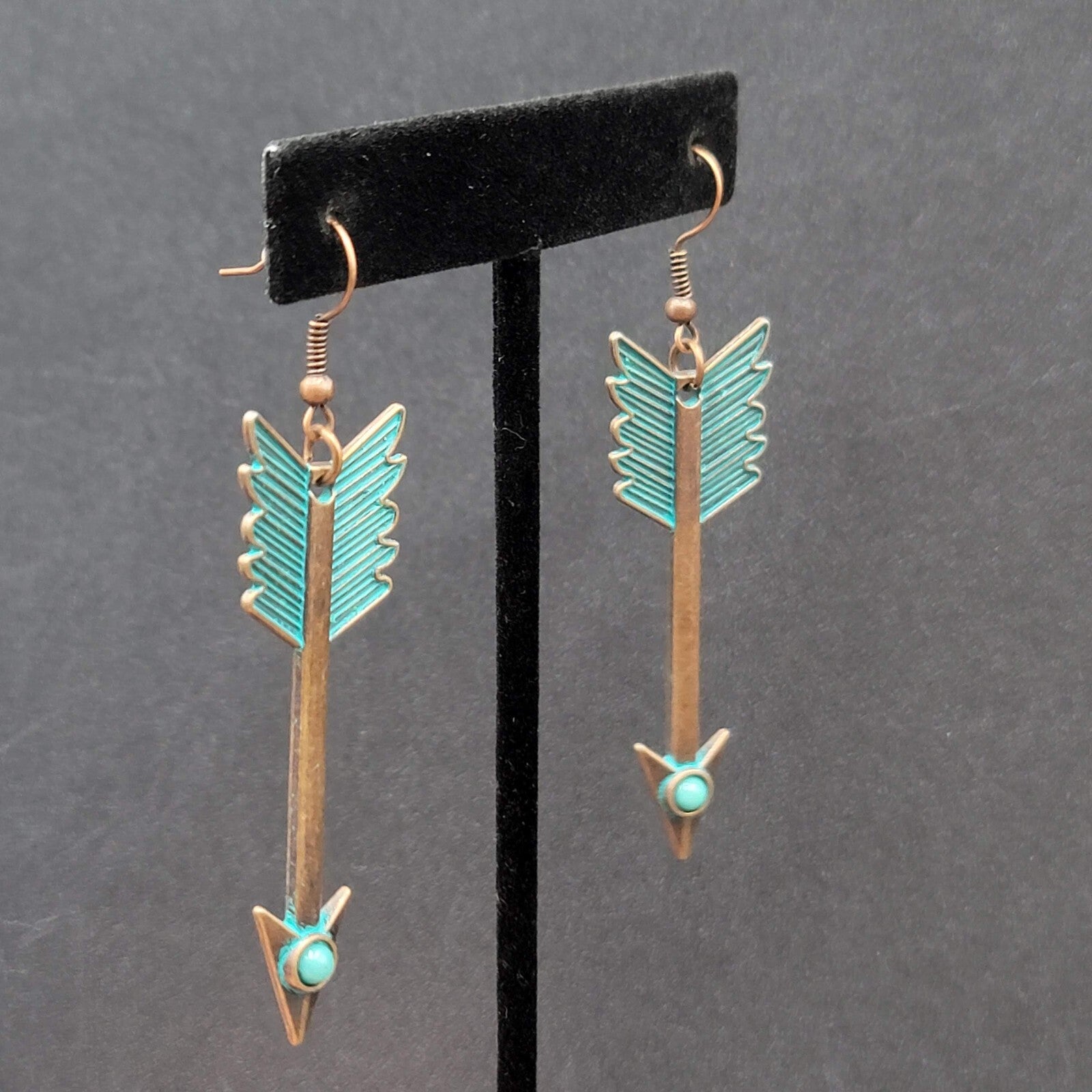 New Boho Pierced Earrings Copper tone Green Enamel Arrow Dangle 2.25"