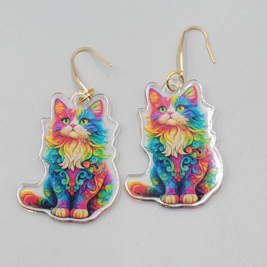 Rainbow Cat Pierced Earrings Multicolor  Acrylic Dangle Gold tone Hook 1.5"