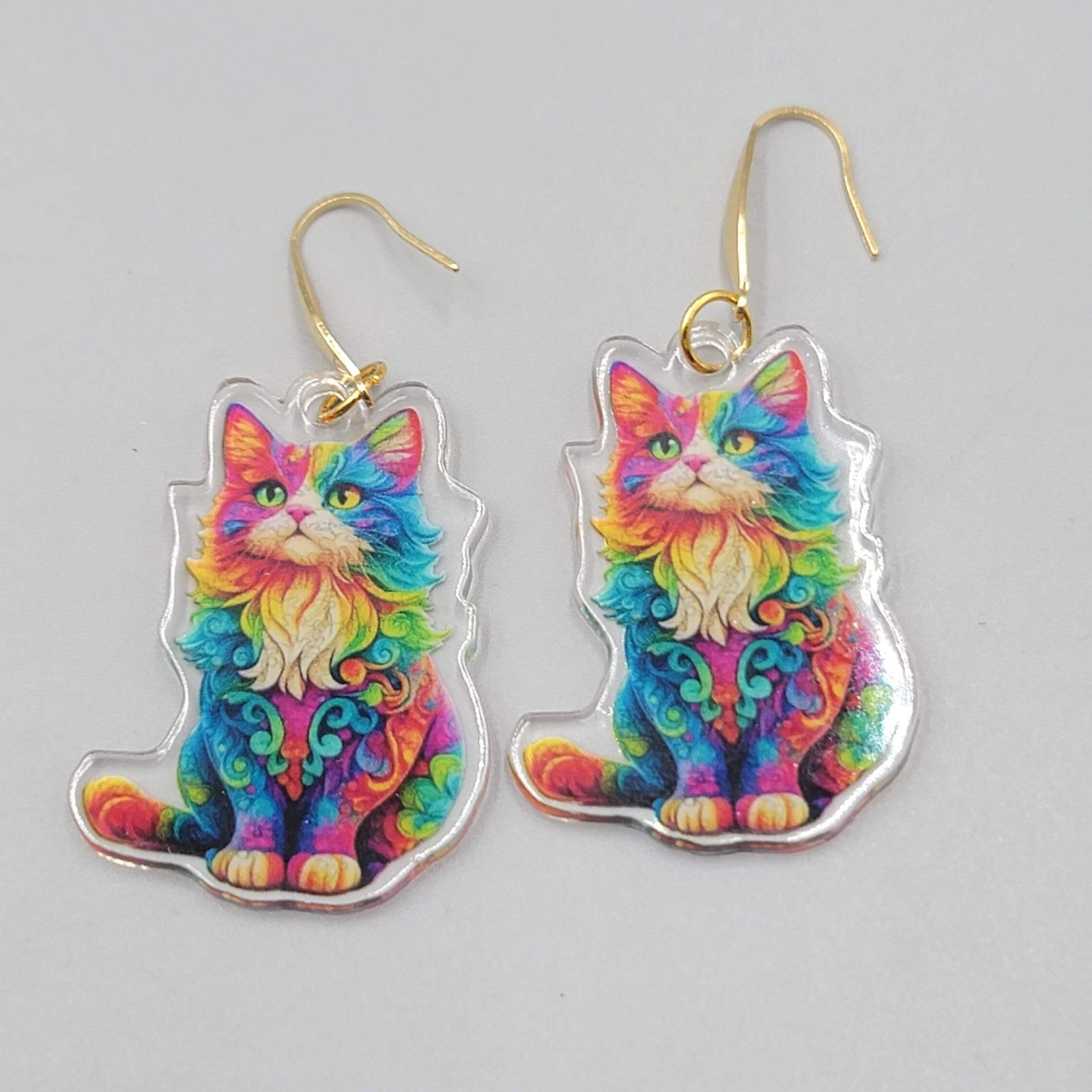 Rainbow Cat Pierced Earrings Multicolor  Acrylic Dangle Gold tone Hook 1.5"