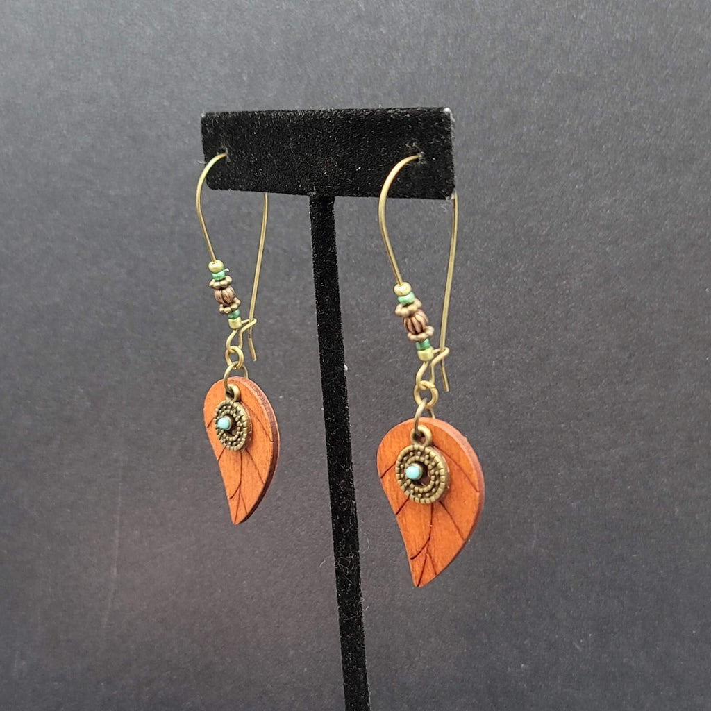 New Boho Pierced Earrings Gold tone Wood Leaf Beaded Dangle 2.75"