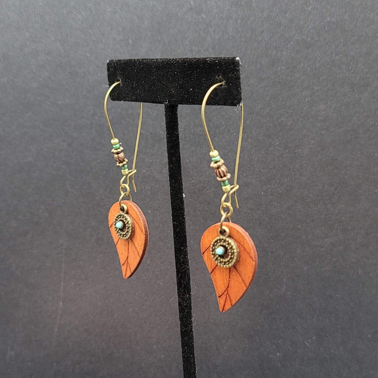 New Boho Pierced Earrings Gold tone Wood Leaf Beaded Dangle 2.75"