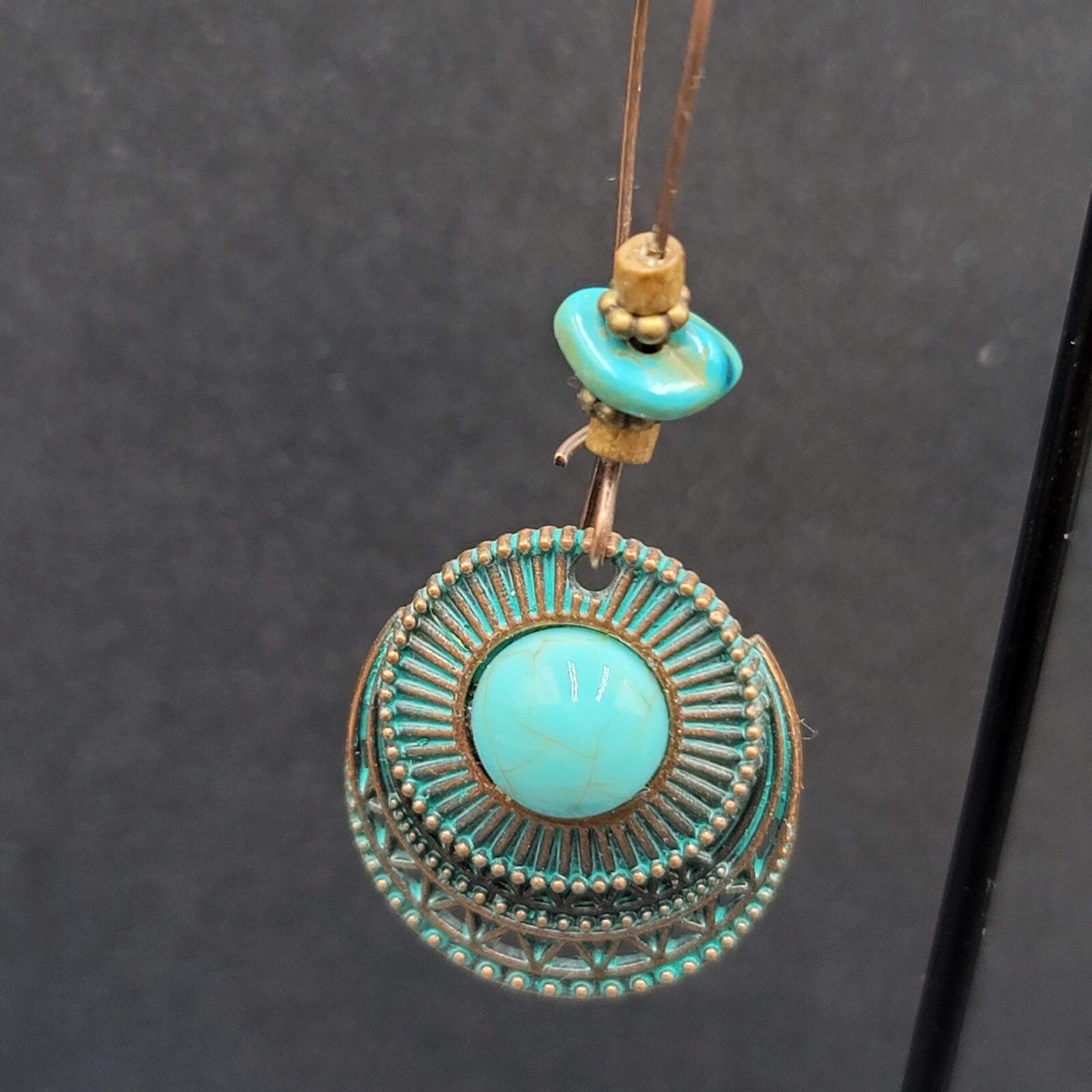 New Boho Pierced Earrings Faux Green Patina Copper tone Turquoise Bead 2.5"