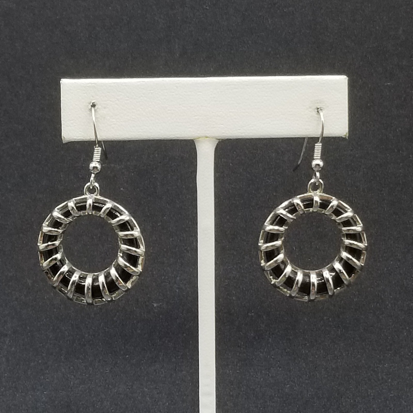 Pierced Earrings Silver tone Black Acrylic Geometric Ring Statement Dangle 1"