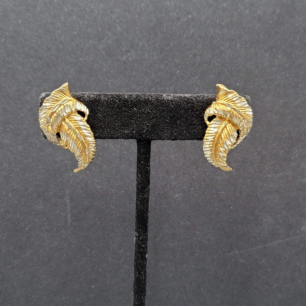 Sterling Silver Pierced Earrings 925 Gold Vermeil 2 Toned Drop Feather  1.25"