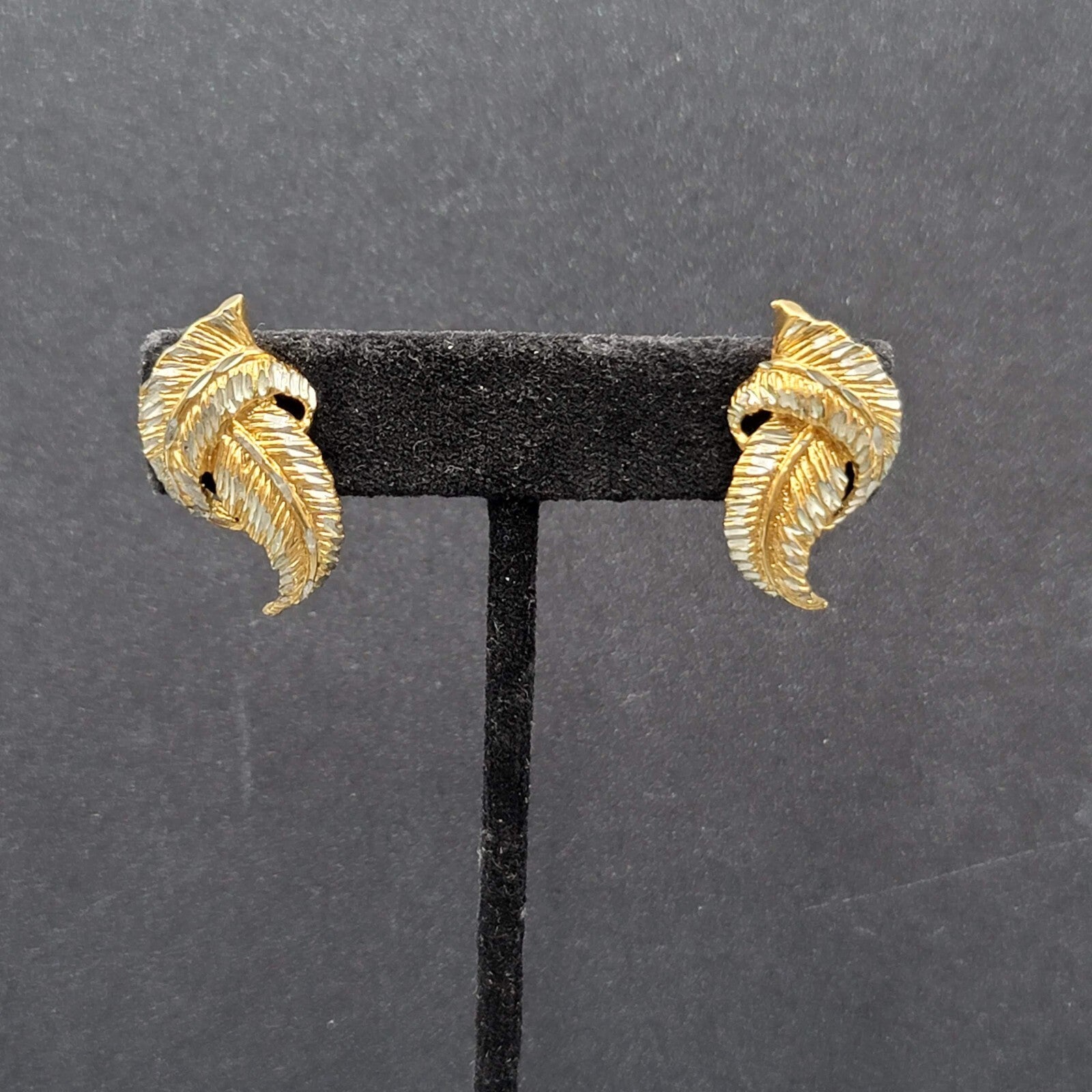 Sterling Silver Pierced Earrings 925 Gold Vermeil 2 Toned Drop Feather  1.25"