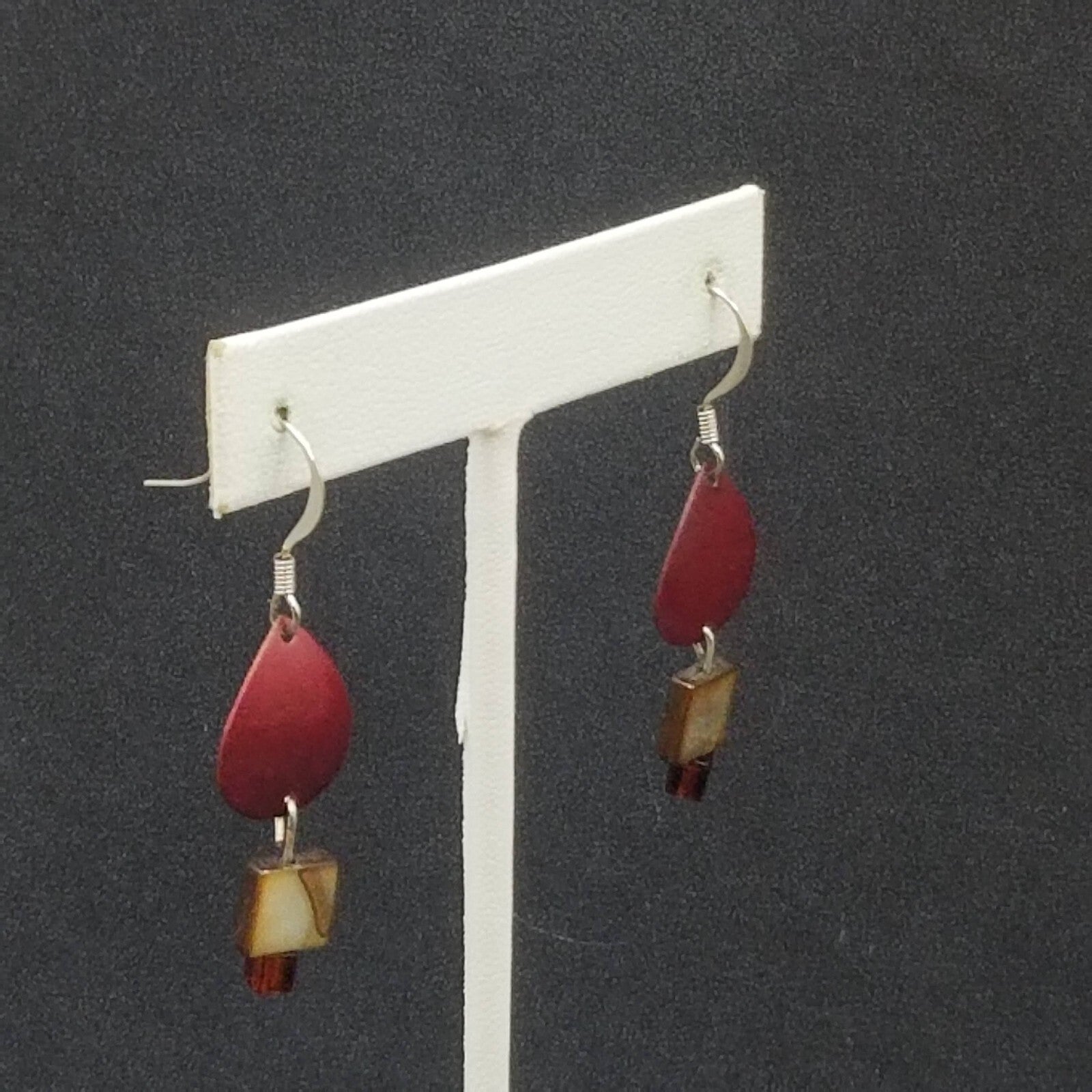 Pierced Earrings Red Enamel Shell Statement Dangle 3/8"