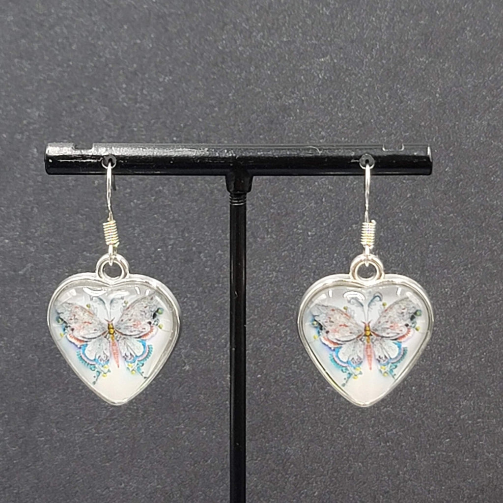Butterfly Heart Pierced Earrings Silver tone Dangle Glass Cover 1"