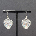 Butterfly Heart Pierced Earrings Silver tone Dangle Glass Cover 1"