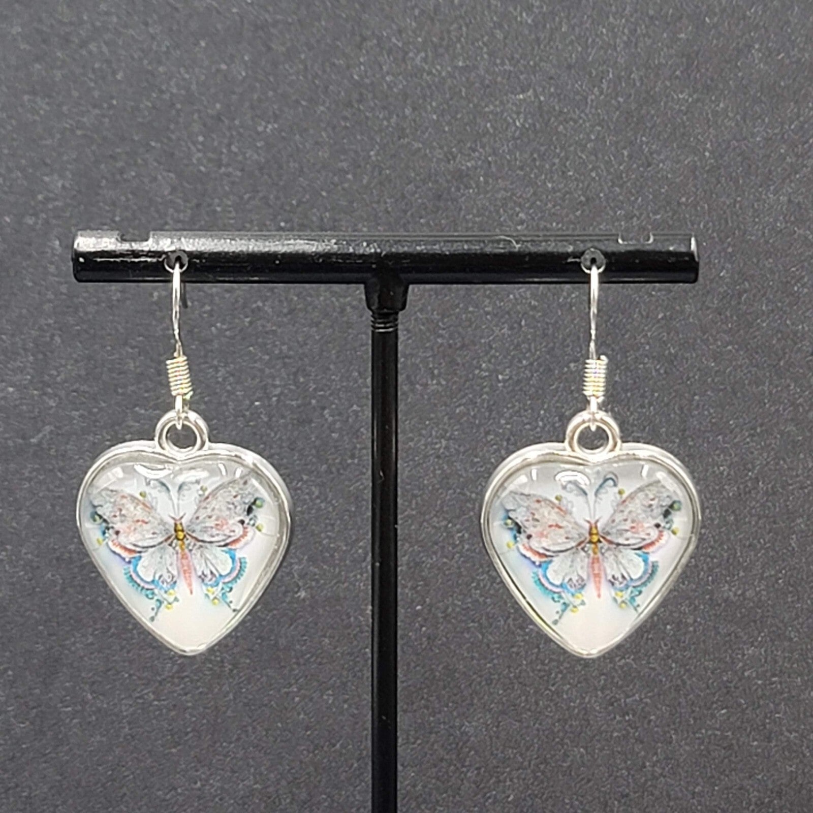 Butterfly Heart Pierced Earrings Silver tone Dangle Glass Cover 1"