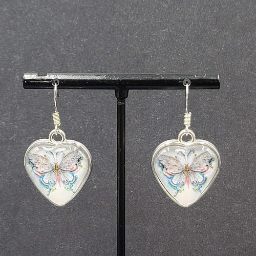 Butterfly Heart Pierced Earrings Silver tone Dangle Glass Cover 1"