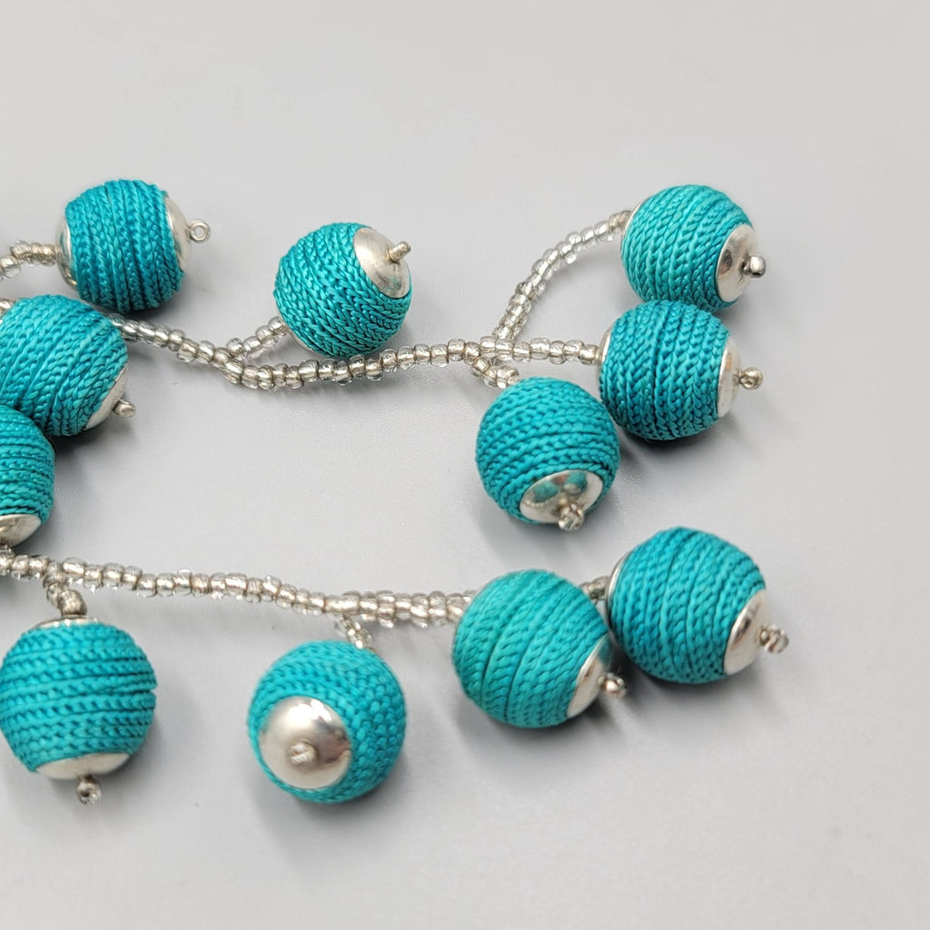 Statement Blue Thread Wrapped Beaded Dangle Earrings Silver Tone 5.5"