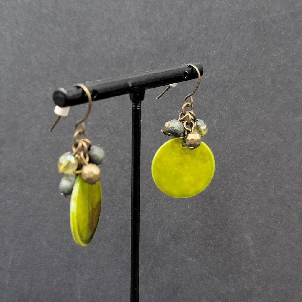 Pierced Earrings Green Shell and Beaded Dangle 1.25"