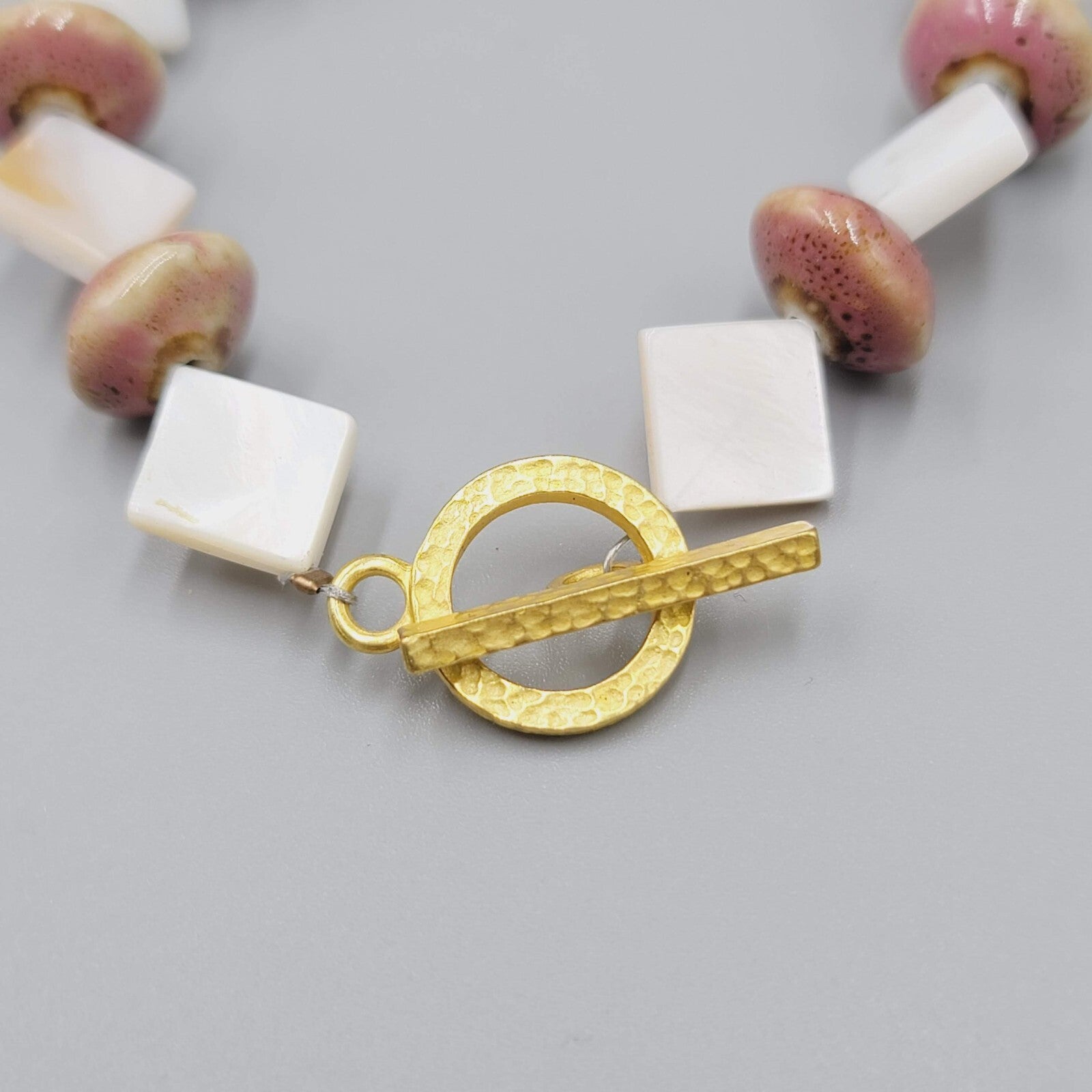 Beaded Bracelet Pottery and Mother of Pearl Beads Gold tone Toggle 6.75 in