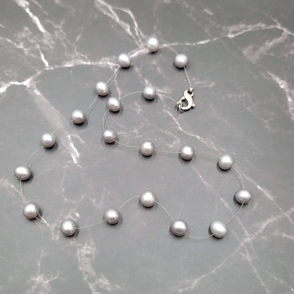 Sterling Silver Real Gray Pearl Station Necklace 16"