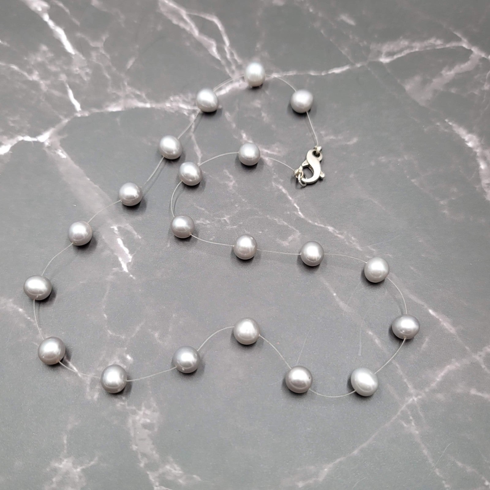 Sterling Silver Real Gray Pearl Station Necklace 16"