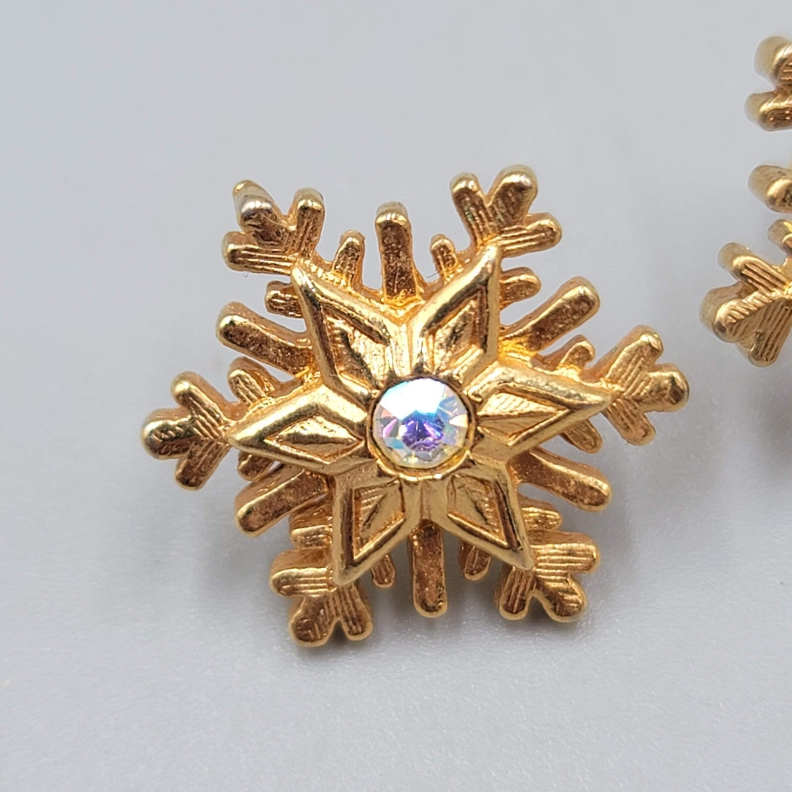 Snowflake Pierced Earrings Gold tone AB Crystal Studs 5/8"