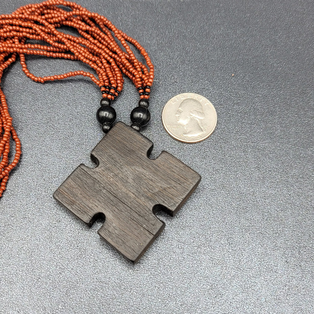 Artisan Boho Necklace Dark Red Seed Bead Wood Inlay Pendant Ethnic 18"