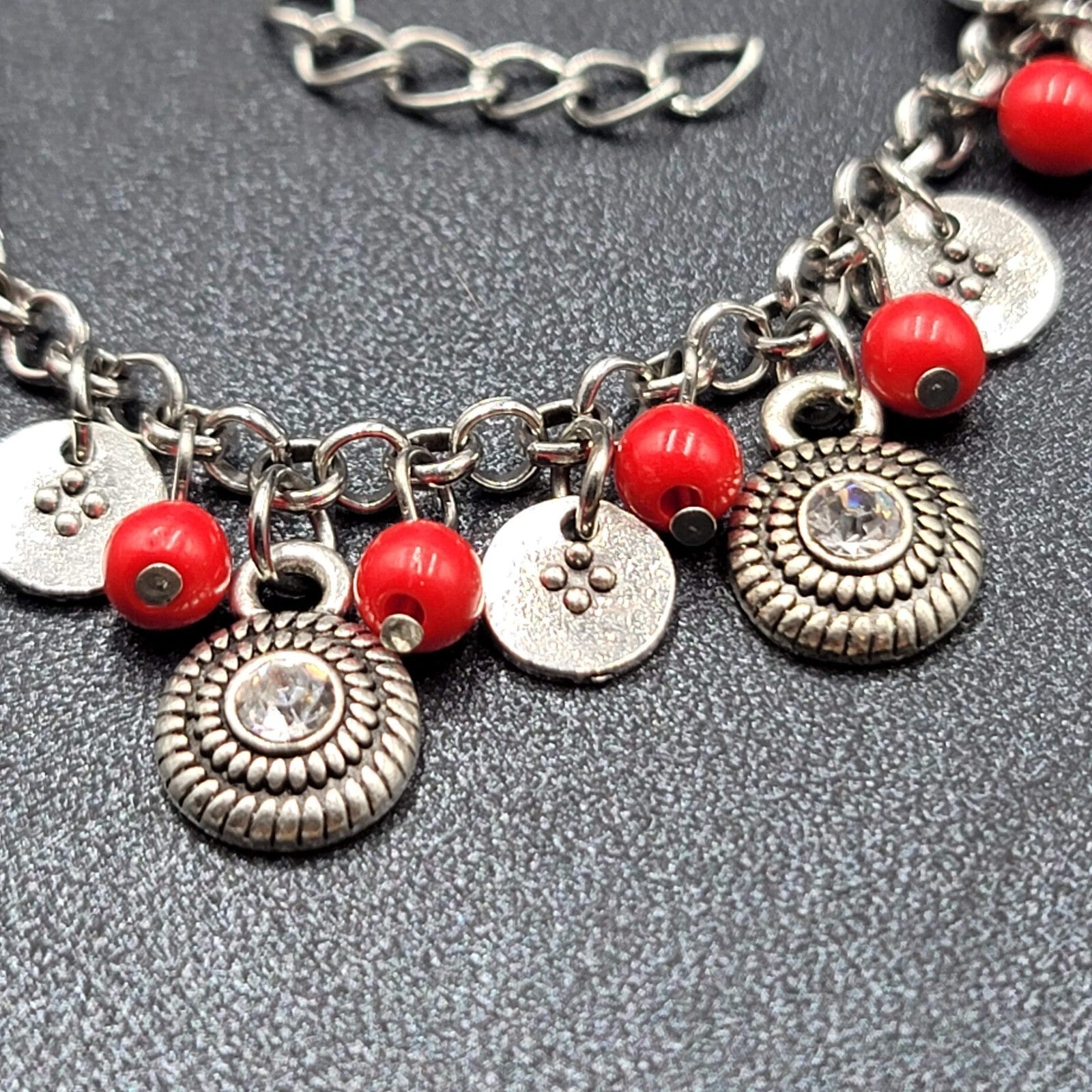 Red Bead Bracelet Silver tone Rhinestone Dangle Adj. 7"-9.5"